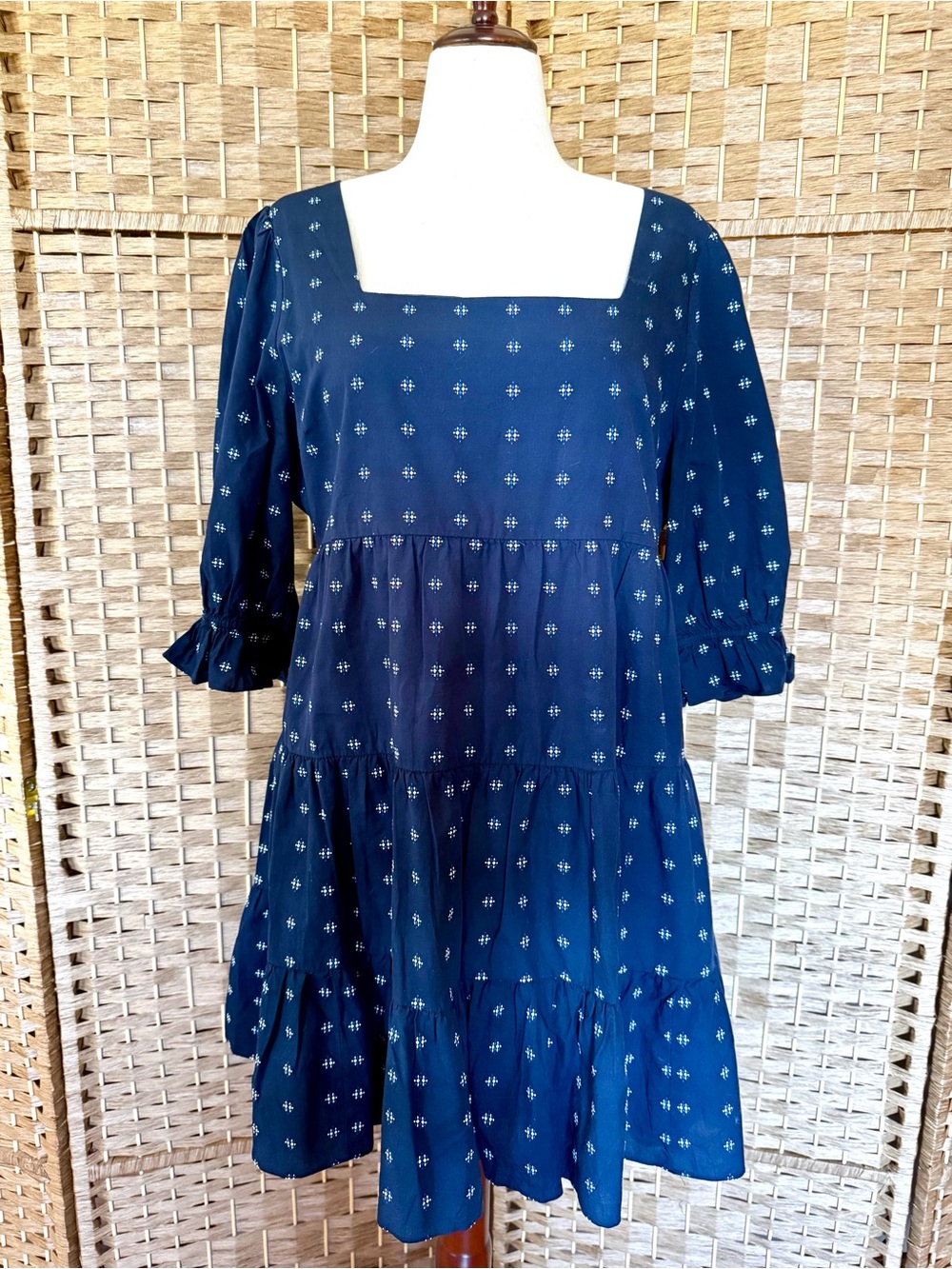 Madewell Navy Blue Polka Dot Tiered Square-Neck Dress - Picture 2 of 14